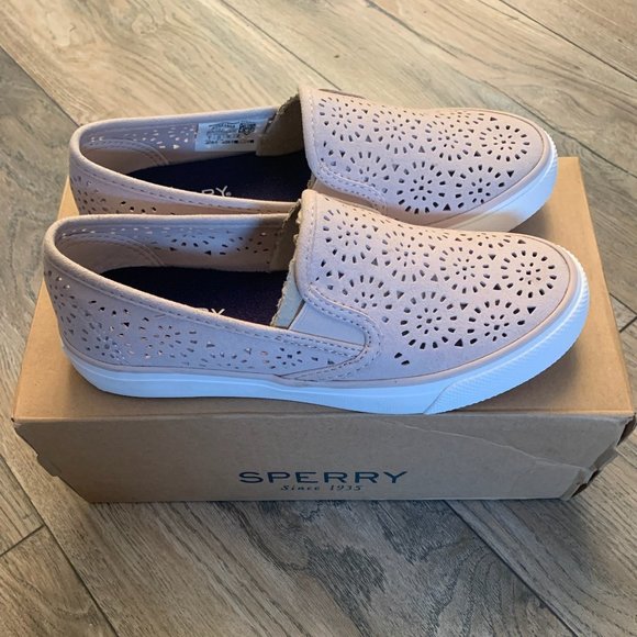 NWT SPERRY TOP SIDER WOMEN'S SEASIDE PERFORATED EMBOSS LEATHER SHOES LILAC 5 - Picture 3 of 10